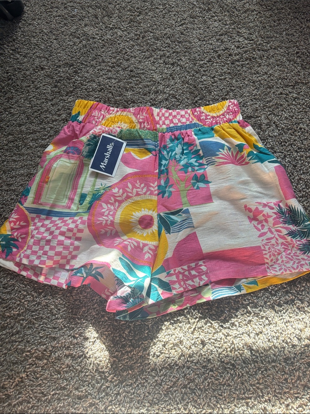 Marshalls Pink Yellow Teal Patterned High-Waist Women's Shorts